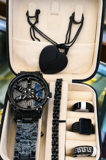 Luxury Black Men’s Gift Set – Watch, Necklace & Rings Combo 🖤
